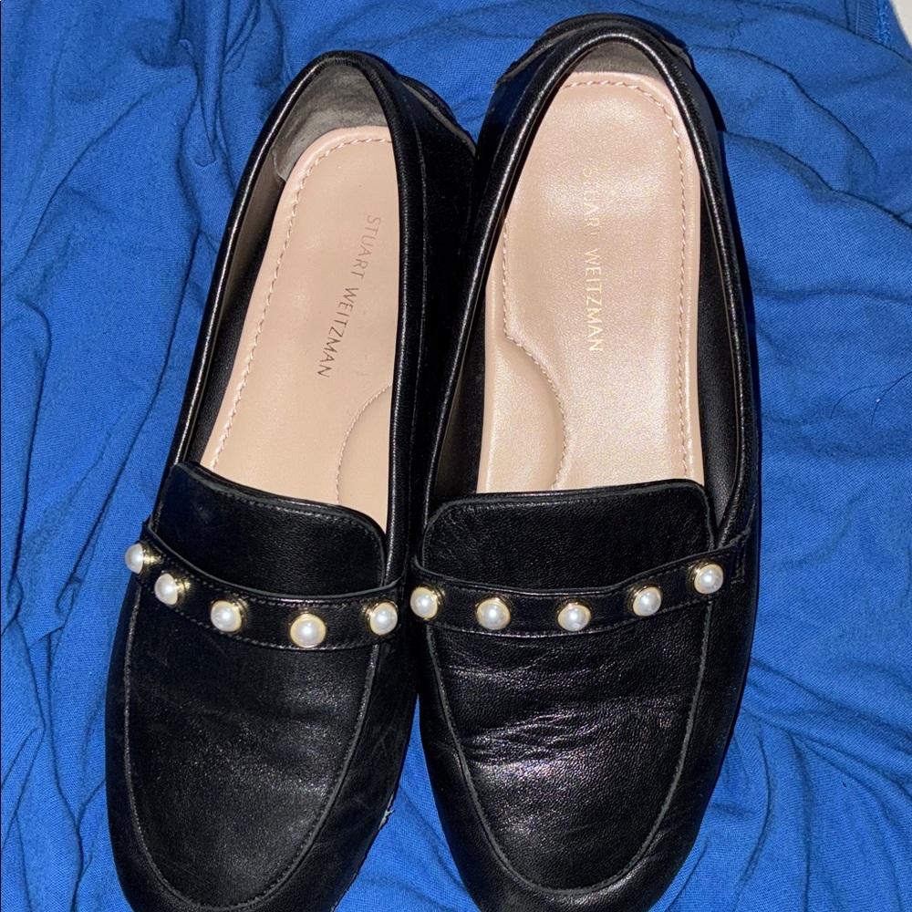 Stuart Weitzman Black Loafers with Pearl Detail